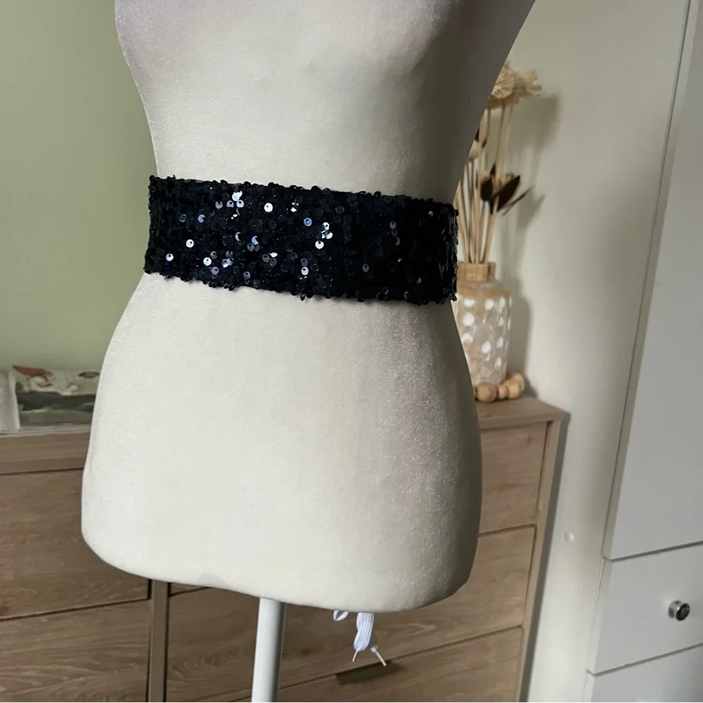 Navy Blue Sequin Shiny Bejeweled Thick Chunky Elastic Stretch Comfy Belt Accesso